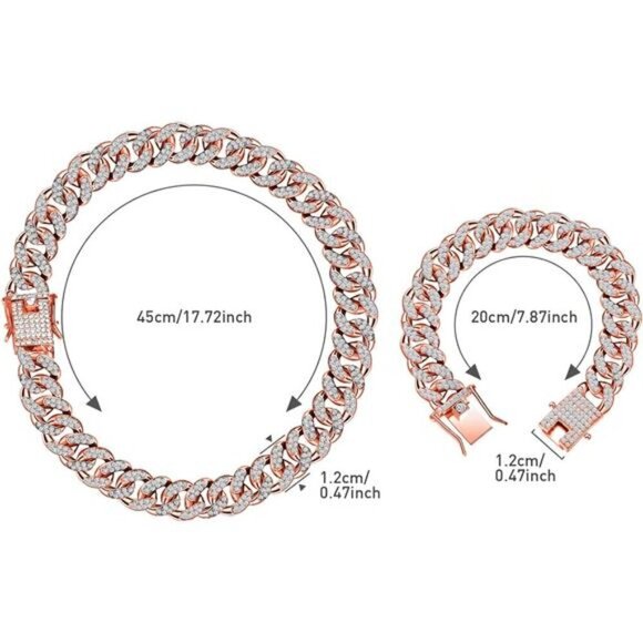 Rose Gold 2 Pieces Cuban Link Chain for Women Cuban Necklace Bracelet Heavy - Picture 2 of 6